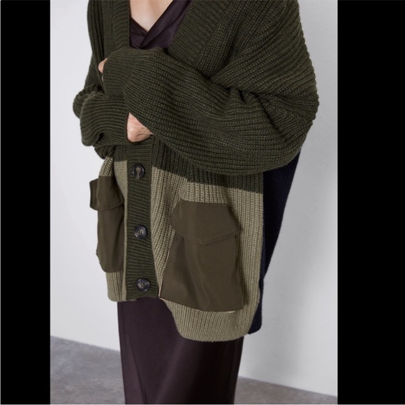 Zara Oversized Contrast Pocket Cardigan Sweater Size Medium Olive Green Multi - Picture 2 of 10